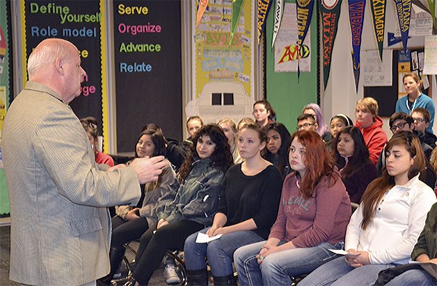 Sen. Kirk Pearson talks to a class at Marysville Getchell High School about his struggles in education and politics to show that everyone has to overcome obstacles in life.