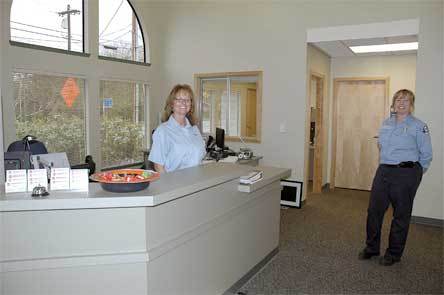 Marysville Fire District Administrative Assistant Tracy Fisk greets visitors in the front lobby of the fire district administrative building.