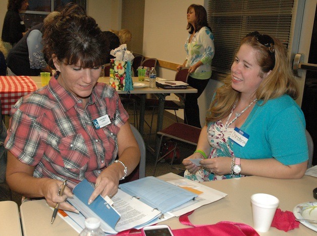 Veronica Love and Christina Trader chat at the Soroptimist International of Marysville ‘Last Splash of Summer’ get-acquainted social and picnic-style dinner at Marysville Fire Station 62 on Oct. 8.