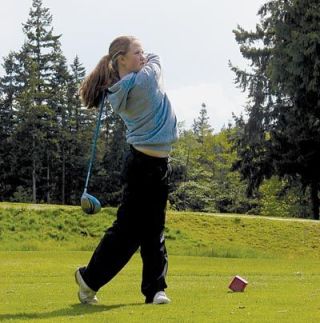 Lakewood sophomore Kelsey Gann tees off the first of nine holes against Archbishop Murphy May 2.