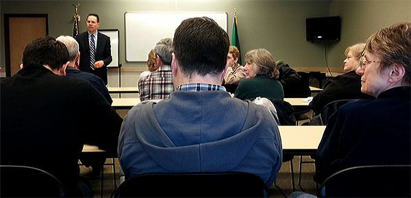 Marysville Mayor Jon Nehring talks to folks at his Coffee Klatch Feb. 26.