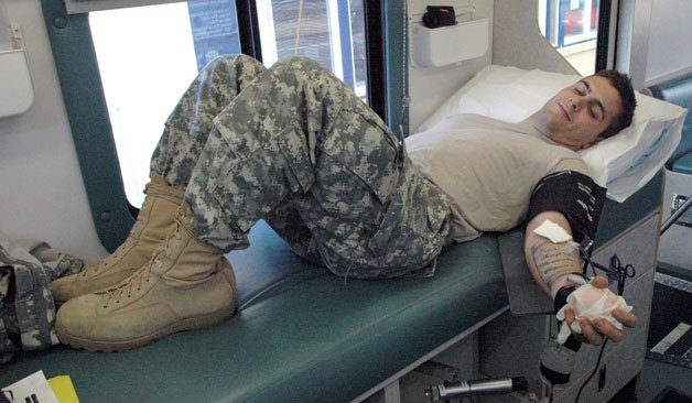 Army Reserve Pfc. Adam Freed came from the Marysville Armed Forces Reserve Center to donate blood at the Marysville American Legion Post 178 Hall on July 20.