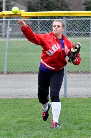 Marysville-Pilchuck’s Kylie Lopez practices throwing during the Tomahawks fast pitch softball practice on Tuesday