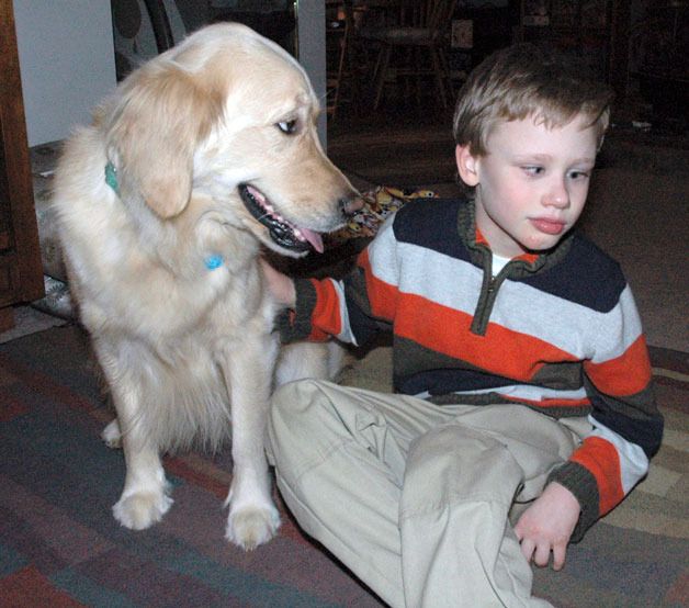 Campbell the therapy dog and 8-year-old Christopher Wells have bonded quickly during their time together.