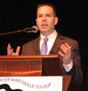 Marysville Mayor Jon Nehring emphasizes the importance of carefully managed spending to the city’s long-term well-being during his Jan. 25 State of the City address.