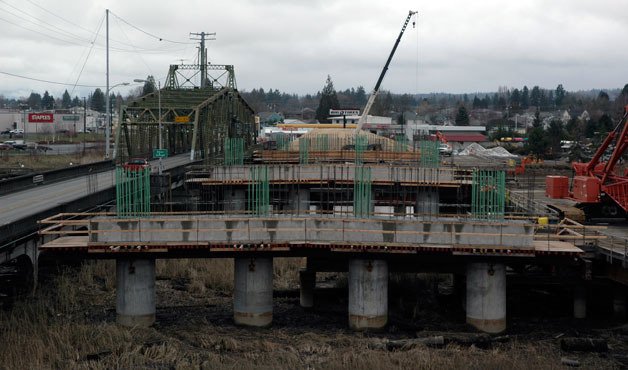 The support piers for the new Ebey Slough Bridge are being built with gaps for the girders that are expected to arrive after mid-May.