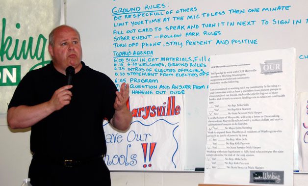 Washington state Rep. Kirk Pearson explains his nuanced position on tax incentives when asked to sign off on a ‘community commitment’ checklist from ‘OUR Marysville’ and Working Washington on July 6.