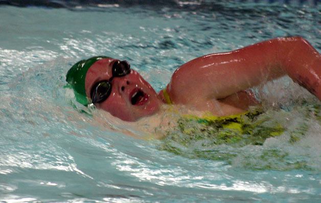 Marysville Getchell’s Tarynnie Dockstader competes in the 100-Meter Free against Oak Harbor on Oct. 3. Dockstader finished sixth at 1:28.31.