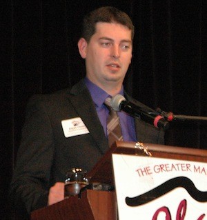 Marysville City Council Position 1 challenger Elijah Olson answers a question at the Greater Marysville Tulalip Chamber of Commerce's candidates forum on Sept. 27.