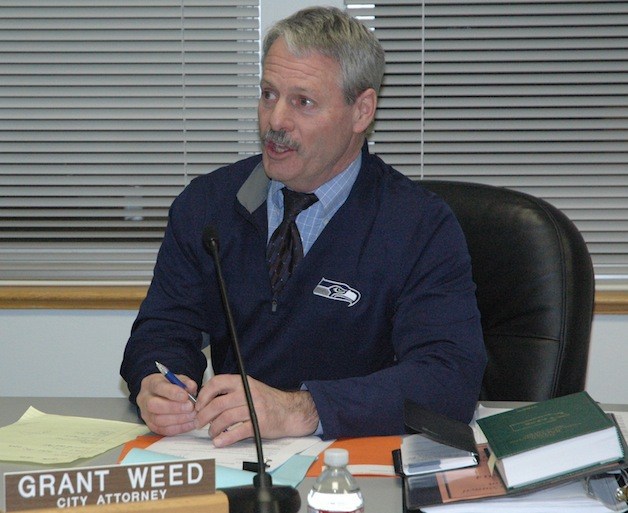 City of Marysville Attorney Grant Weed reviews procedural points with the City Council during its Feb. 10 discussion of recreational marijuana business alternatives.