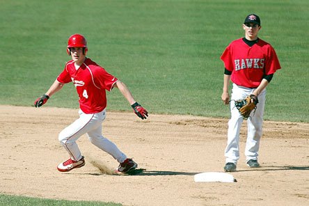 M-P senior Dane Widness rounds second base while keeping an eye on an overthrown ball against Mountlake Terrace.