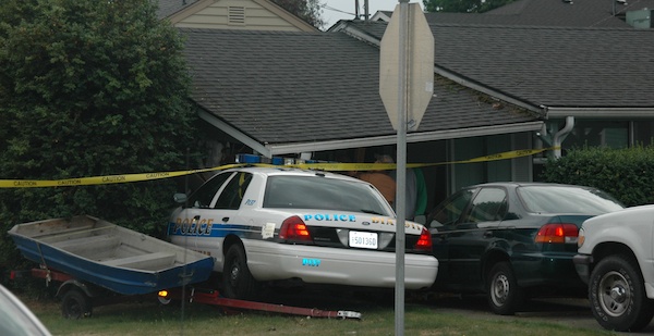 A Marysville Police patrol car crashed into a carport at the intersection of Cedar Avenue and Sixth Street during the afternoon of Oct. 4.