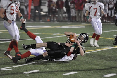 Marysville Getchell junior wide receiver Alexzander Seymer hangs on to a catch during Getchell's 24-0 loss to Stanwood on Nov. 3.