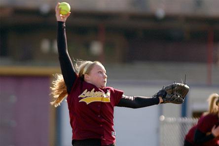 Amanda Bean releases a pitch against Meridian. Bean tossed six scoreless innings to get the shutout.