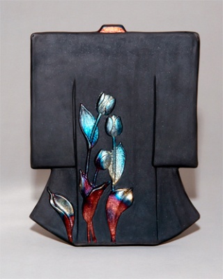 New work by Marguerite Goff features tulip on a kimono shape that she created for a special tulip exhbit at her  Pleasant Ridge at the Rexville Grange Art Show that continues April 3 - 19.