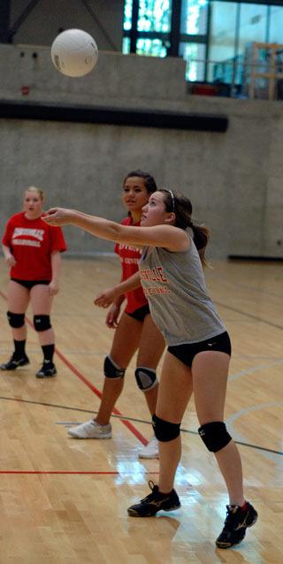 Rian Meador of the Marysville Getchell  volleyball 'C' team returns the ball during a recent practice.