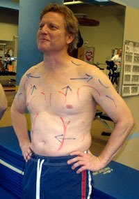 King 5’s Jim Dever receives a colored marker forecast of what his body will look like for the Forbidden Fashion Show in Seattle on March 31