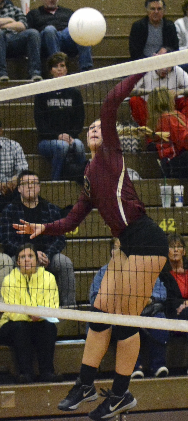 Brandon Adam/Staff PhotoA Lakewood volleyball player spikes the ball.