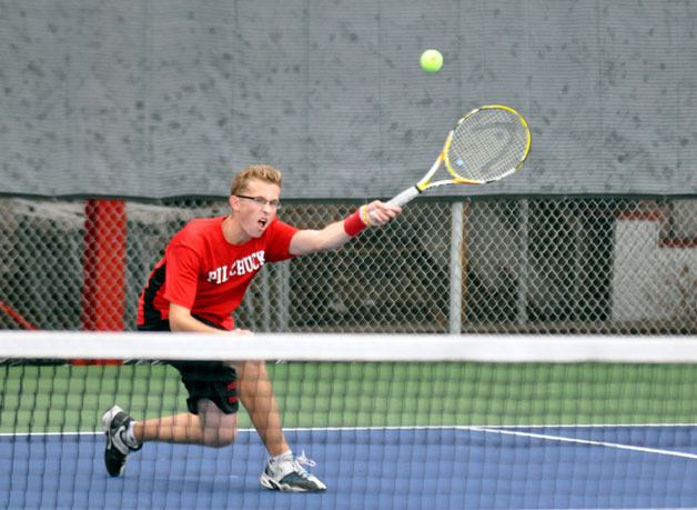 Marysville-Pilchuck’s Jared Randall returns a volley in the Wesco 4-A North Tennis Tournament.