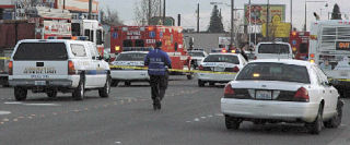 Emergency personnel from the Marysville Police Department and the Marysville Fire District fill State Avenue Feb. 12 after a teenage boy was struck by a pickup truck.